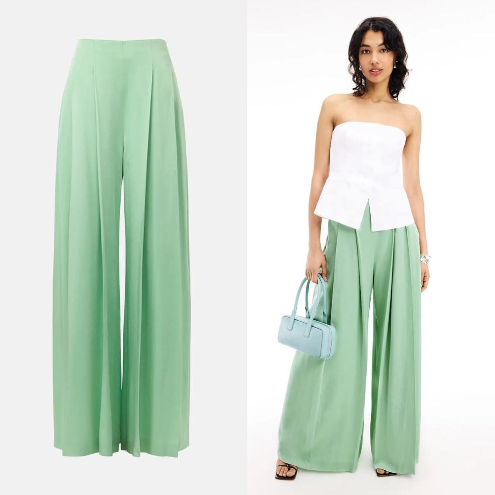 Boss Tetosta Trousers Relaxed Tailored Fit Pleated Wide Leg Pants Satin Green 10 - Picture 2 of 11